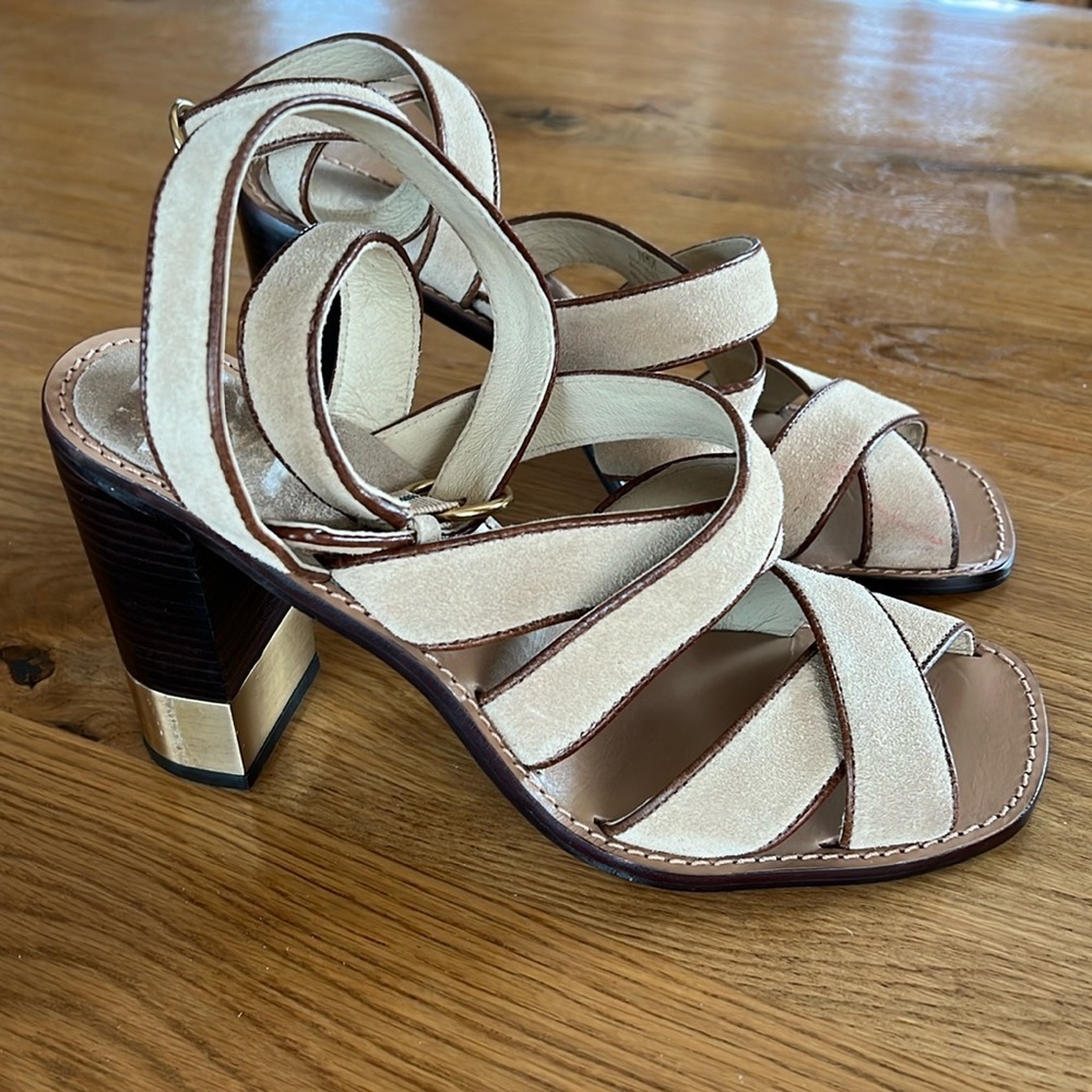 Michael Kors Natural Suede Sz 11 Women’s Block Heel Strappy Sandal Square Toe - Picture 1 of 15